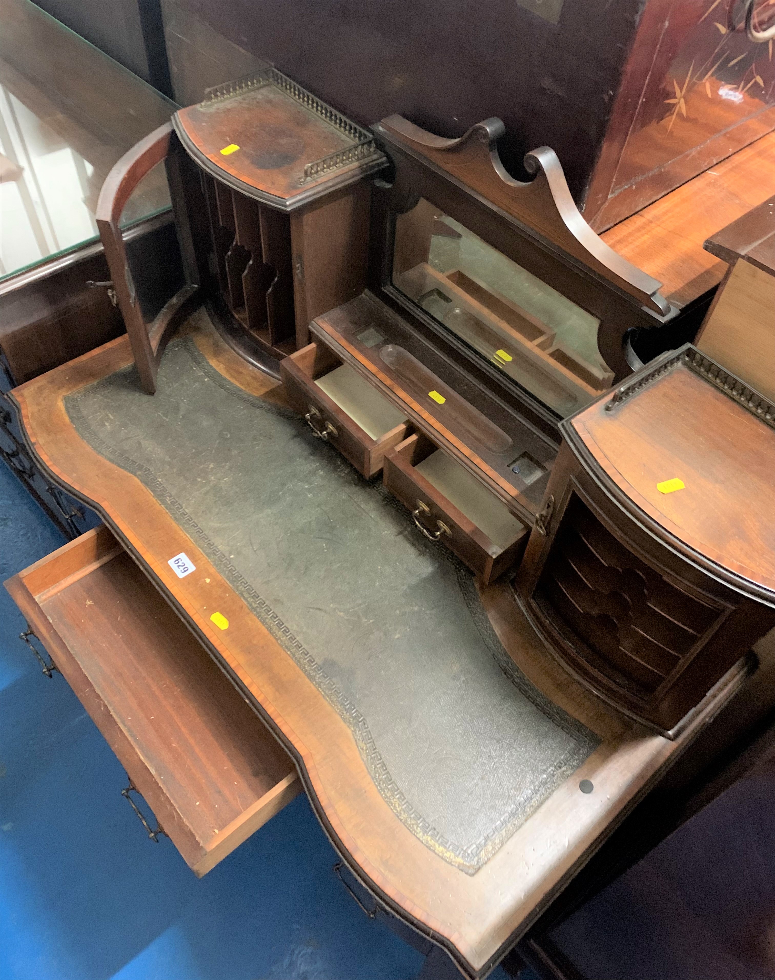 Leather top writing desk with inkstand, mirror and cupboards above (glass missing), 3 drawers below. - Image 4 of 5