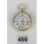 18k gold pocket watch by W. Potts & Sons, Leeds. 2” diameter. Total w: 99 gms. Running