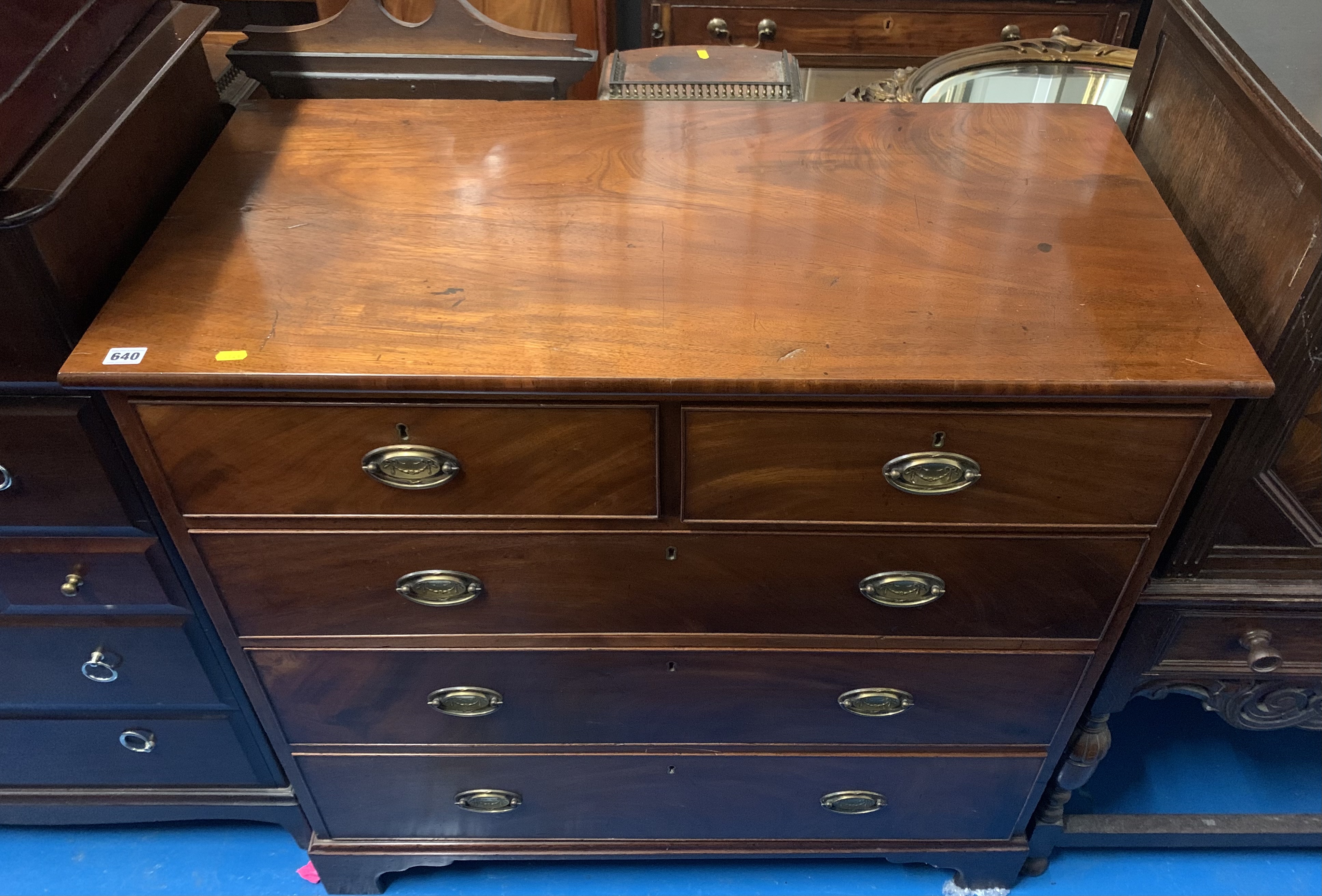 Mahogany chest of drawers with brass handles, 3 large & 2 small drawers. 41”w x 20”d x 40”h