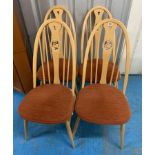4 Ercol blond wood dining chairs with swan design backs and cushions, 18” w x 18”d x 39.5” high