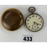 Silver plated pocket watch in case, 1.75” diameter. Not running