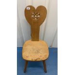 Lily Flower Man carved oak heart shaped back chair inscribed ‘Dennis + Susan’, 14”w x 14”d x 36”h