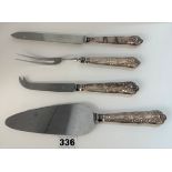 Silver handled cake slice, cheese knife, cake/bread knife and serving fork, Viners of Sheffield,