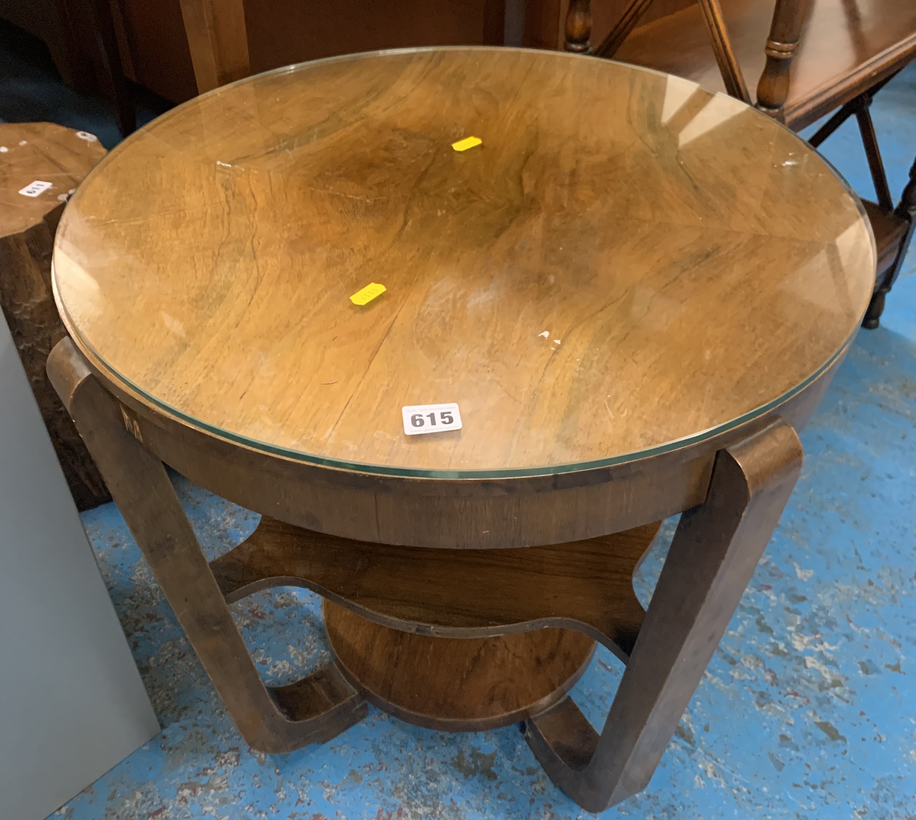 Art Deco walnut round coffee table with glass top and 2 shelves underneath, 23”diameter x 22”h