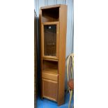 Teak corner unit with glass door at top and cupboard to base, 26”w x 16”d x 76”h