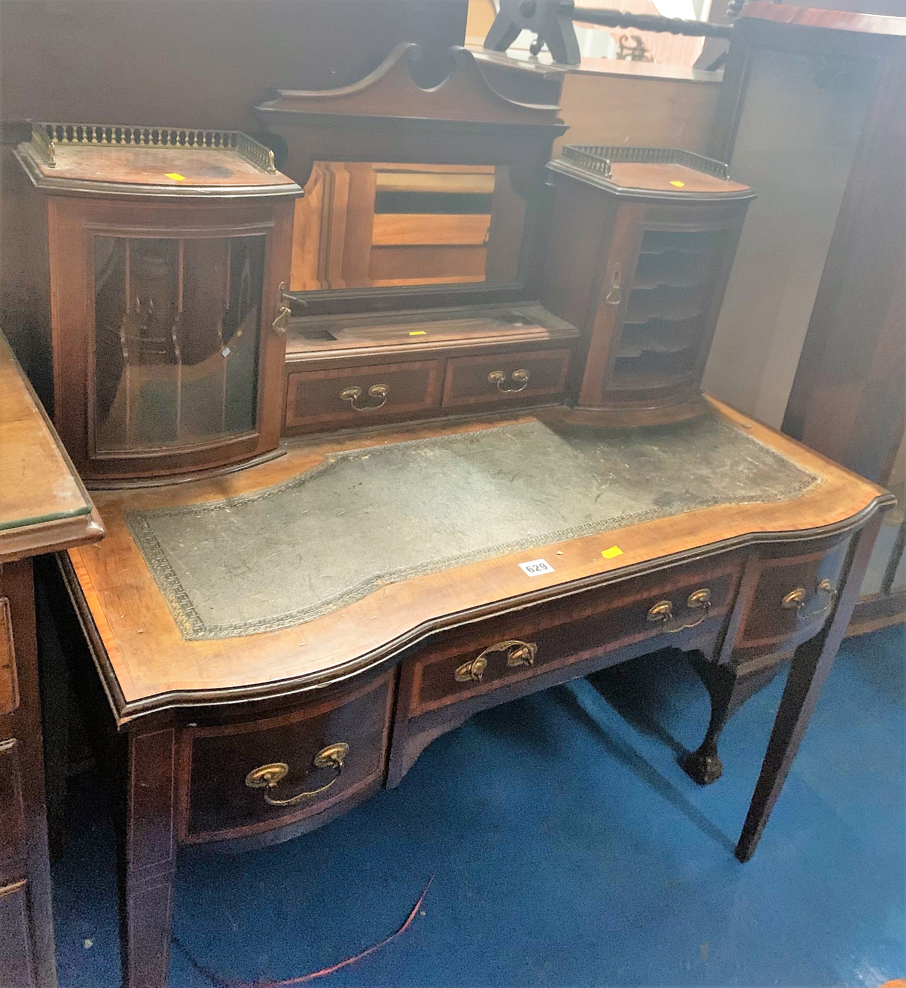 Leather top writing desk with inkstand, mirror and cupboards above (glass missing), 3 drawers below. - Image 2 of 5