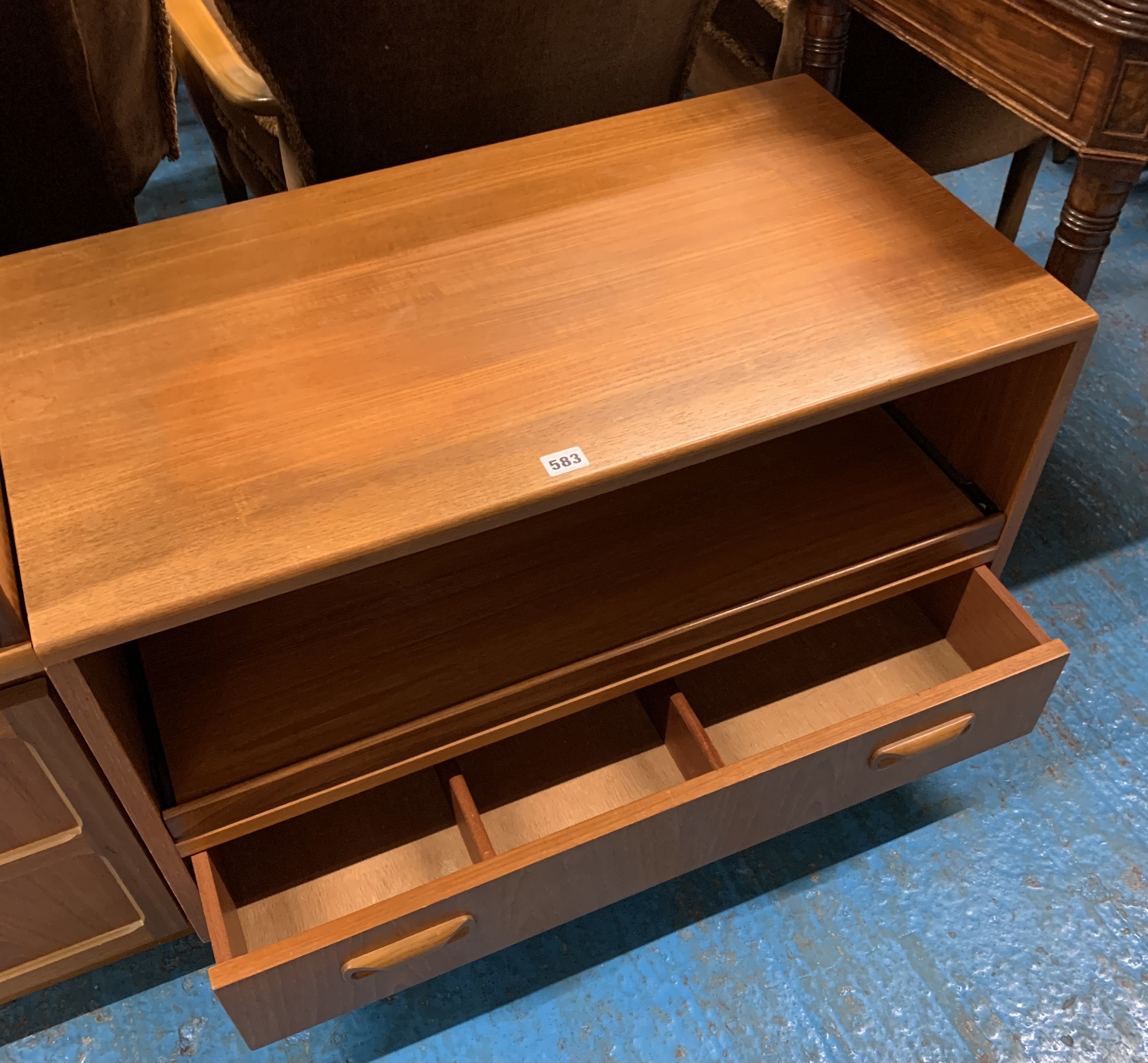 Teak tv/video/hifi cabinet with slide and drawer, 32.5” w x 18”d x 21”h - Image 2 of 3