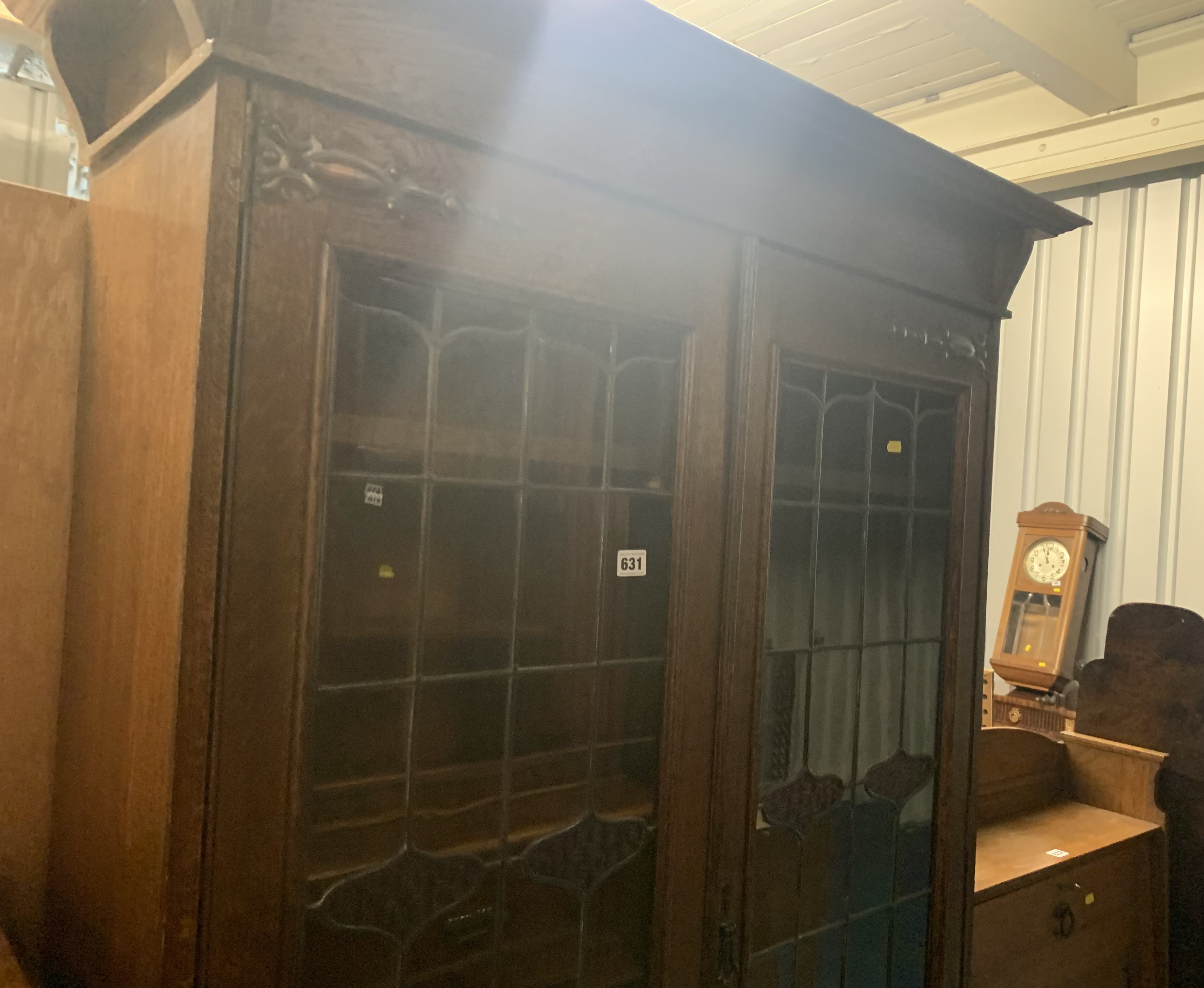 Arts & Crafts leaded light oak display cabinet with copper hinges. Cupboard at bottom. 1 small crack - Image 3 of 5