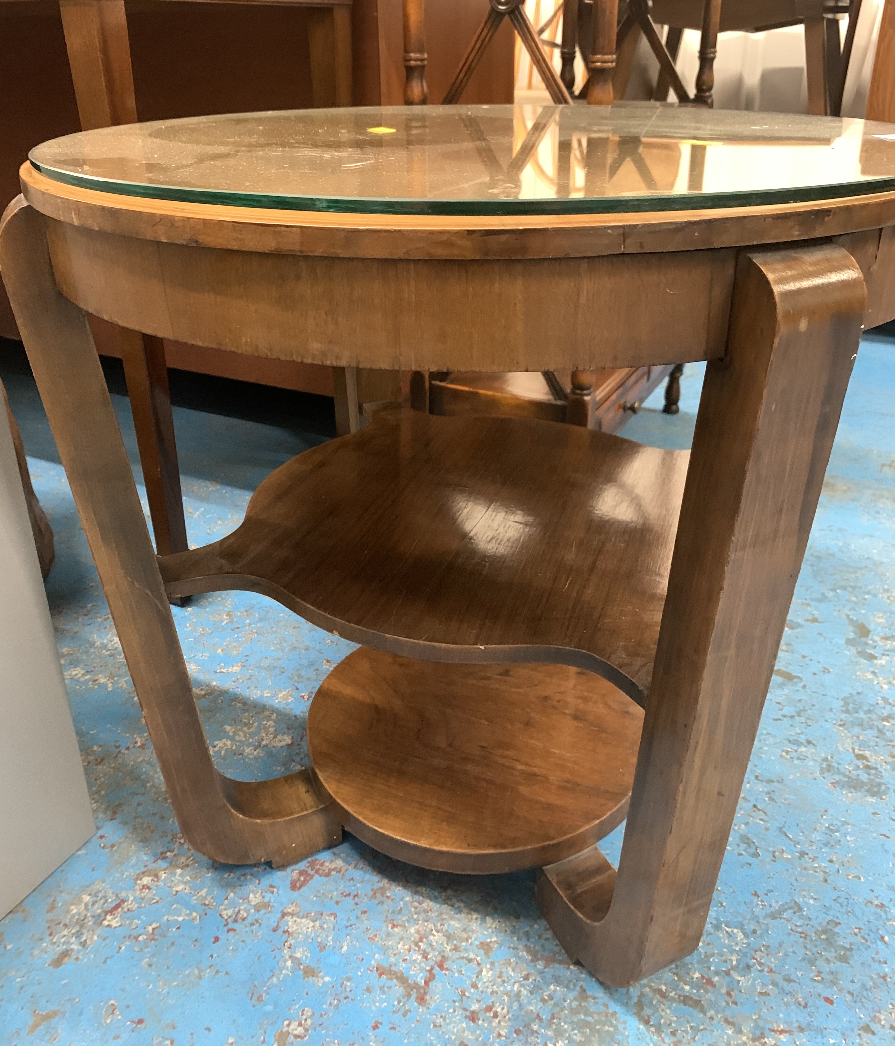 Art Deco walnut round coffee table with glass top and 2 shelves underneath, 23”diameter x 22”h - Image 3 of 3