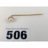 9k gold tie pin with cultured pearl, length 2”, w: 1.2 gms