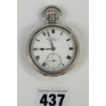 Silver pocket watch by James Wadsworth, Manchester. 2” diameter. Total w: 3.2 ozt. Running