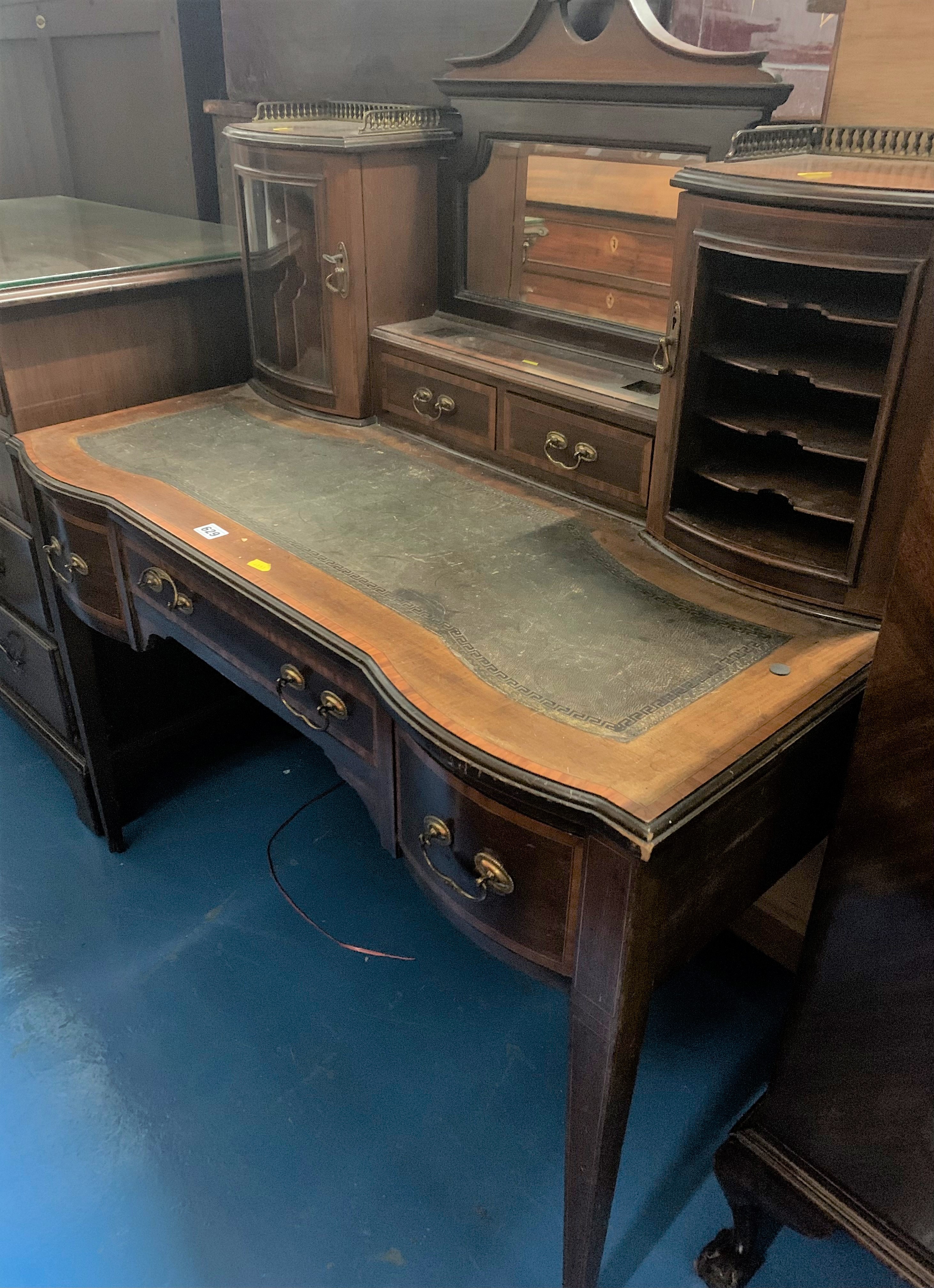 Leather top writing desk with inkstand, mirror and cupboards above (glass missing), 3 drawers below. - Image 3 of 5