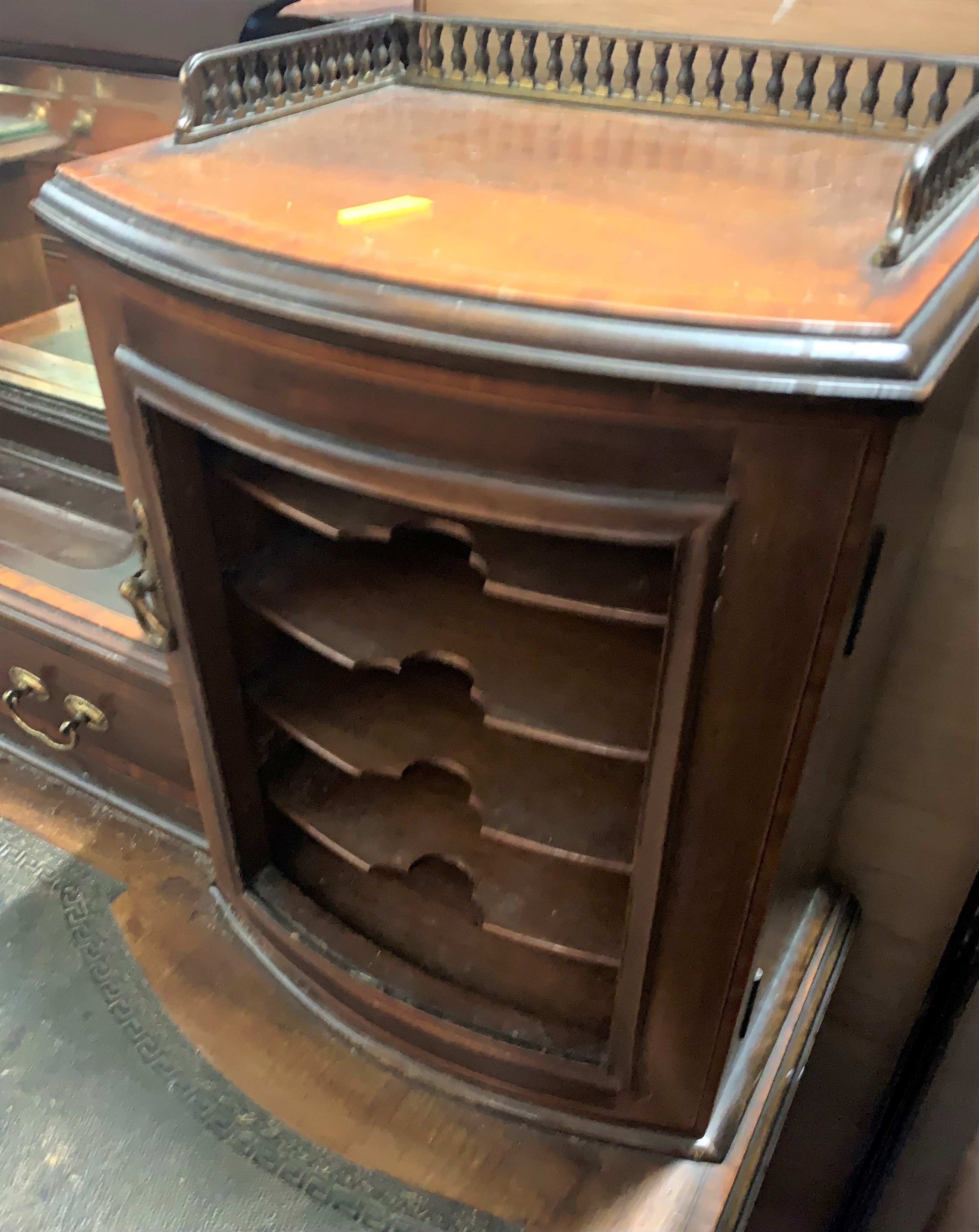 Leather top writing desk with inkstand, mirror and cupboards above (glass missing), 3 drawers below. - Image 5 of 5