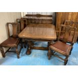 Carved oak dining suite comprising drawleaf table (36”w x 29”h x 36” closed, 59” open), 4 chairs (