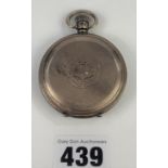 Silver full hunter pocket watch, 2” diameter. Total w: 3.7 ozt. Second hand missing, but running