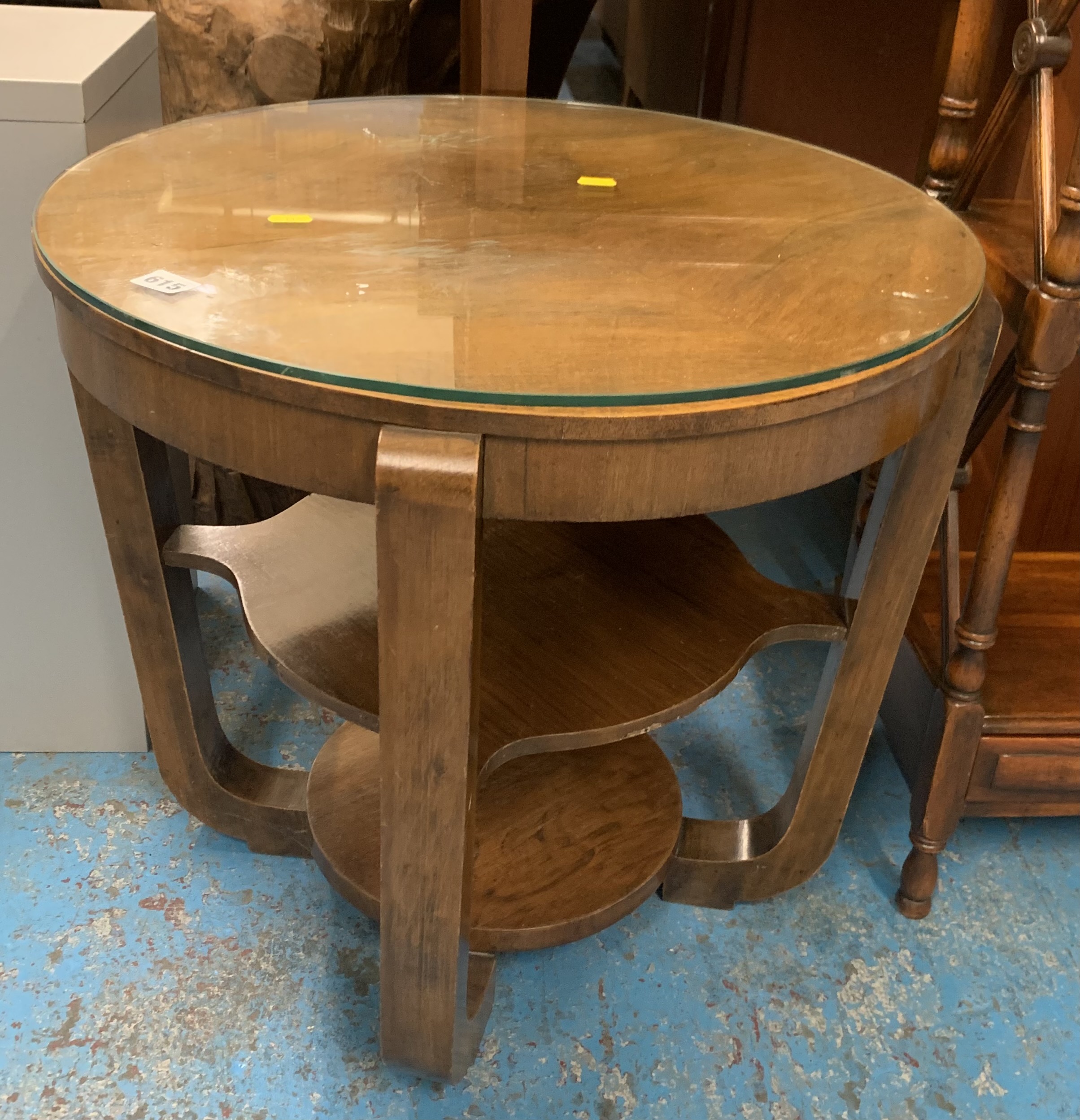 Art Deco walnut round coffee table with glass top and 2 shelves underneath, 23”diameter x 22”h - Image 2 of 3