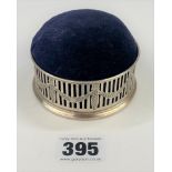 Silver pin cushion with blue velvet box insert, 3.5” diameter. Weight of silver surround: 1.8ozt