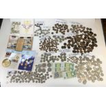 Bag of assorted coin sets, crowns, loose pre-decimal and decimal coins