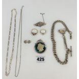 Silver jewellery comprising watch chain with white stone fob, 2 silver necklaces, 2 silver rings