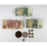 Ten shilling note, 2 x £1 notes, 1935 crown, 6 x threepenny coins and 1835 copper medallion