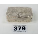 Silver snuff box (1858) 2.25” x 1.5”, w: 1.2 ozt