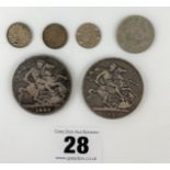 2 Victorian crowns, 1 later shilling and 3 threepenny coins
