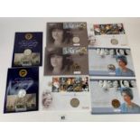 6 Royalty Commemorative Coin covers and 2 Battle of Trafalgar Anniversary £5 coins