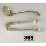 Small silver ladle and silver sugar nips, total w: 1.7 ozt
