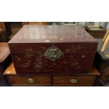 Oriental dark red painted blanket box, 30”w x 21.5”d x 15”h