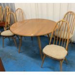 Ercol style dropleaf dining table & 4 chairs – table 44”w x 28”h x 25” (49” open), chairs 17”w x