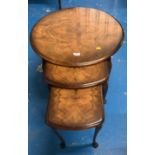 Walnut veneer round nest of 3 tables, largest 22”diameter x 21.5”h