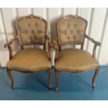 Pair of Edwardian upholstered drawing room chairs, 21”w x 19”d x 34”h