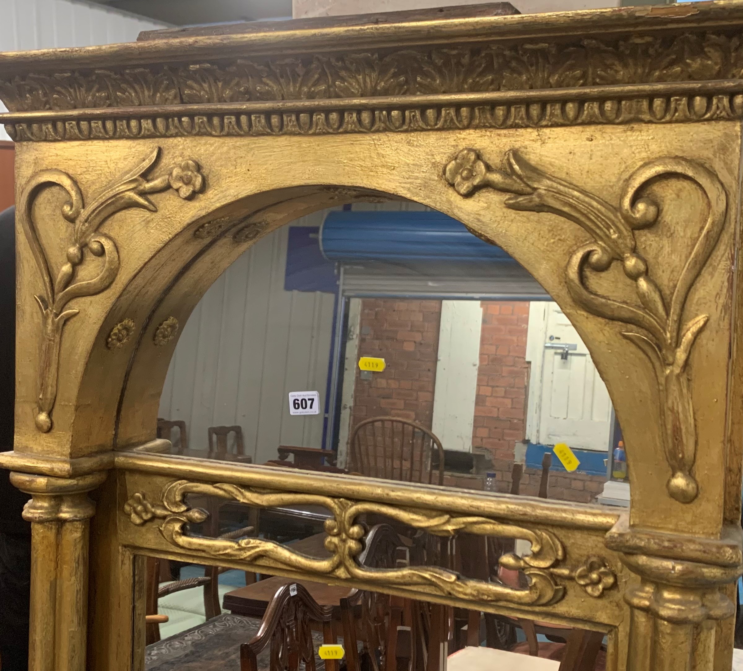 Tall gilt framed pillared wall mirror (made in 2 pieces), 31”w x 68”h. Some paint damage. - Image 3 of 4