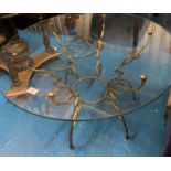 Round glass top coffee table with brass bamboo style base, small chip on edge of glass. 29.5”