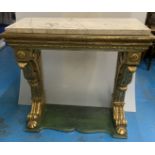 Marble top gilt consul table (paint damage & chips), 31.5”w x 14”d x 31.5”h