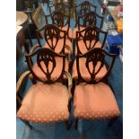8 shield back dining chairs (6 straight + 2 carvers) with pink upholstery. Carver 22”w x 20”d x 38”