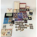Box of assorted crowns, coin sets and silver proof coins
