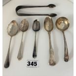 5 assorted silver spoons and silver sugar tongs, total w: 4.3 ozt