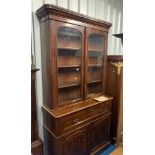 Mahogany secretaire bookcase with glass fronted doors and 2 cupboards, 48”w x 18”d x 96”h