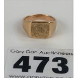 9k gold (unmarked) signet ring, size F, w: 4.2 gms
