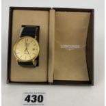 Longines Presence Quartz gents watch with leather strap, inscribed on reverse, boxed