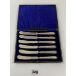 Cased set of 6 silver handled cake/butter knives, total w: 4.6 ozt