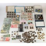 1996 proof coin set, assorted loose coins and banknotes