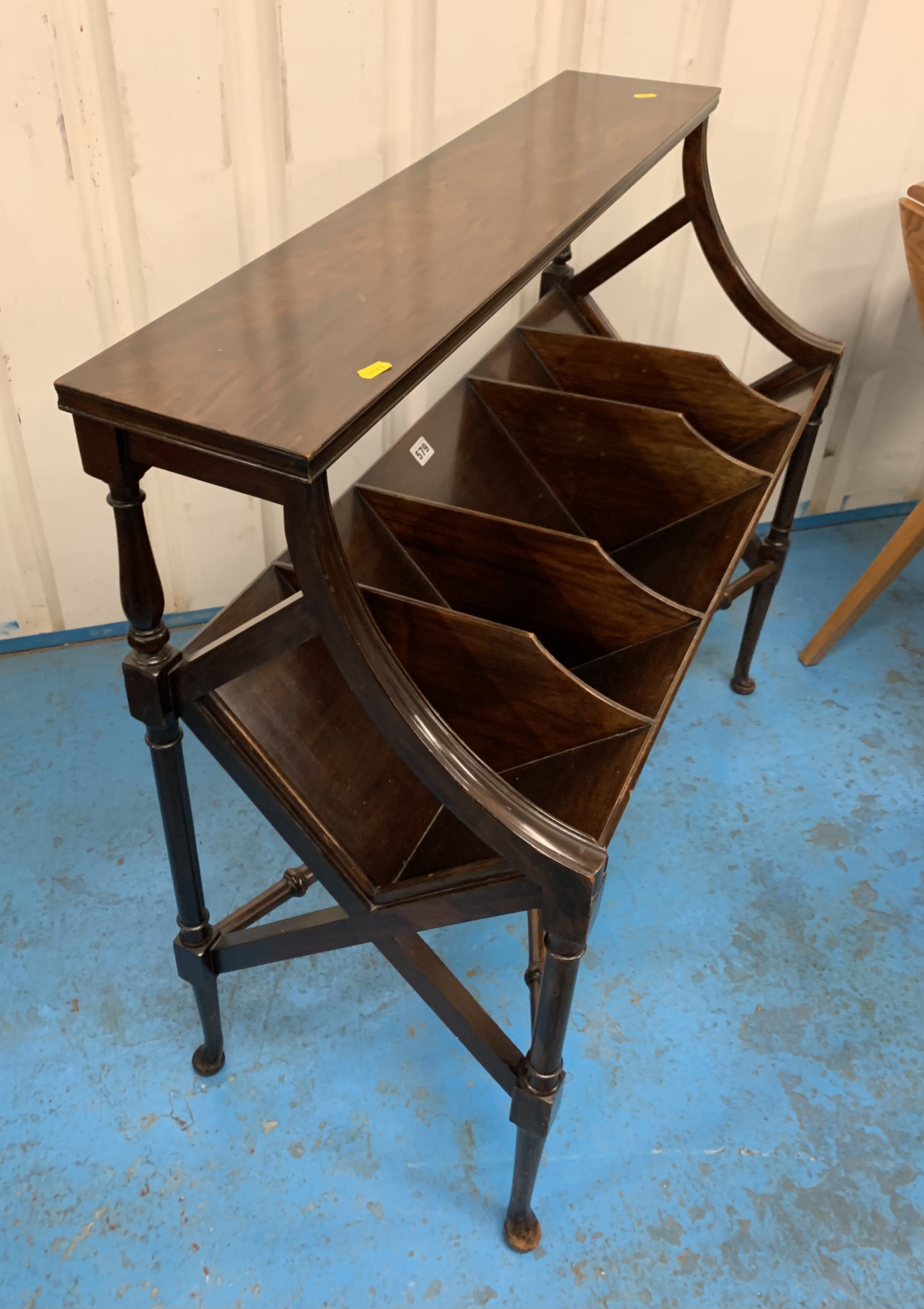 Antique dark wood sectioned book trough on stand, 36”w x 15”d x 33”h - Image 3 of 4