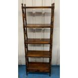 Antique mahogany open bookshelves with 5 shelves and 2 small drawers to base. 22”w x 10”d x 61”h