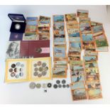 Bag of commemorative coin sets, proof silver and loose coins and Battle of Britain cards