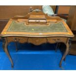 Inlaid ladies desk with green leather top, 38”w x 18.5”d x 38.5”h