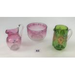 Antique handpainted pink glass bowl and jug (4.5” high) and gilt and green glass jug (4.5” high)