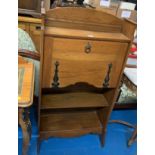 Slimline Oak Bureau With Drop Desk And 2 Shelves Underneath. Brass Hinges. 25"W X 7"D X 48"H