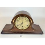 Inlaid Wellington shaped 3-hole mantle clock, 18.5” long x 9.5” high